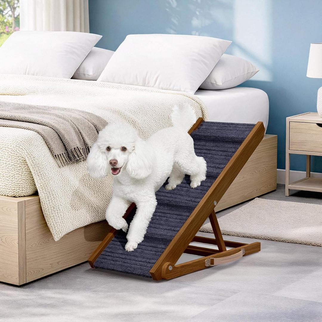 Adjustable Dog Ramp for Bed - 34" Long Foldable Wooden Ramp for Dogs to Get on Bed, Couch, or Car with 12.6" Wide Walking Space - (Walnut Wood with Gray Carpet)