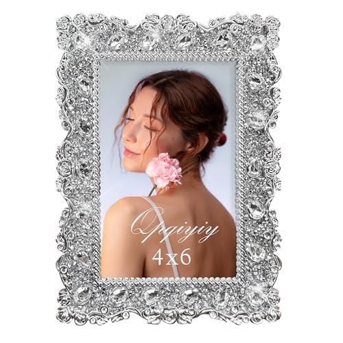 QPQIYIY 4x6 Crystal Picture Frame with Tempered Glass, Elegant Jewel Photo Frame with Rhinestones for Home Decor Tabletop Horizontal and Vertical Display, Silver