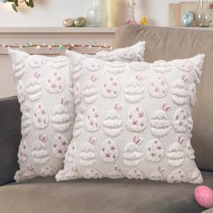 Easter Pillow Covers 18x18 inch Set of 2 Easter Egg Decorations Pink Ears White Eggs Throw Pillow Cases Soft Plush Faux Fur Wool Pillow Covers Holiday Decor for Sofa Living Room