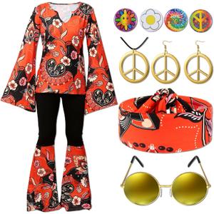 Jiuguva 17Pcs 60s 70s Outfits for Women Hippie Costume Set Disco Outfit Dress Boho Flared Pants Hippie Shirt Headband (Medium)