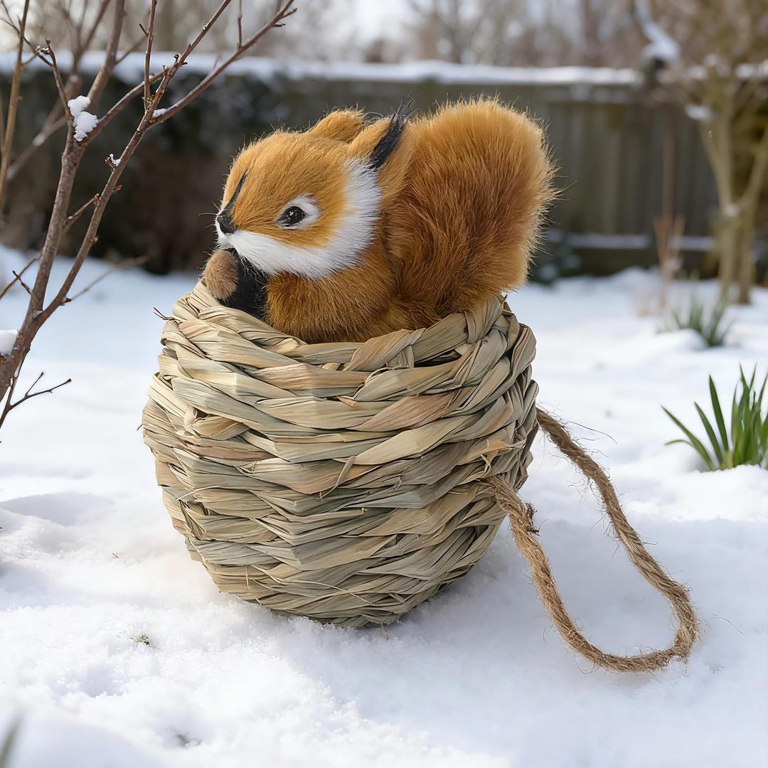3D Forest Animals Ornaments for Christmas Tree Woodland Furry Animal Ornament Handmade Bird Nest with Plush Animal for Xmas Tree Faux Fur Animals Hanging Decoration (5" Nest & Brown Squirrel)