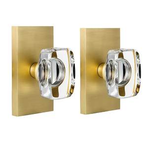 Satin Brass Crystal Glass Dummy Door Knob Interior, Gold Dummy Door Knob for Closet Hall Rectangular Single Side Non-Turning Inactive, 2 Pack