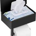 Toilet Paper Holder with Shelf,Flushable Wet Wipes Dispenser for Bathroom,Toilet Paper Holder with Storage, Stainless Steel Wall Mount -Self Adhesive or Drilling (Large,Black)