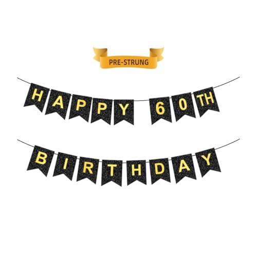 HAPPY 60TH BIRTHDAY Banner, Pre-Strung, Black Gold 60th Birthday Party Decorations, Happy 60 Year Old Bdy Party Bunting, Sixty Birthday Flag