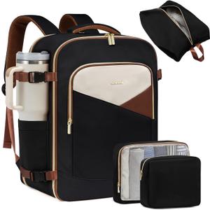 LOVEVOOK 50L Travel Backpack for Women&Men,TSA Carry on Backpack for Airplanes with 3 Packing Cubes,Personal Item Bag Fit 17" Laptop, Waterproof Essentials Airline Approved Luggage (Black-white-brown)