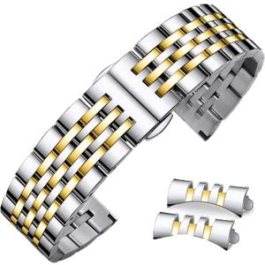 Stainless Steel Watch Band Straight & Curved End 14mm 16mm 18mm 19mm 20mm 21mm 22mm 23mm 24mm Premium Polished Metal Watch Band Bracelet Universal Smartwatch Replacement Strap Men Women (Two-Tone Silvergold)