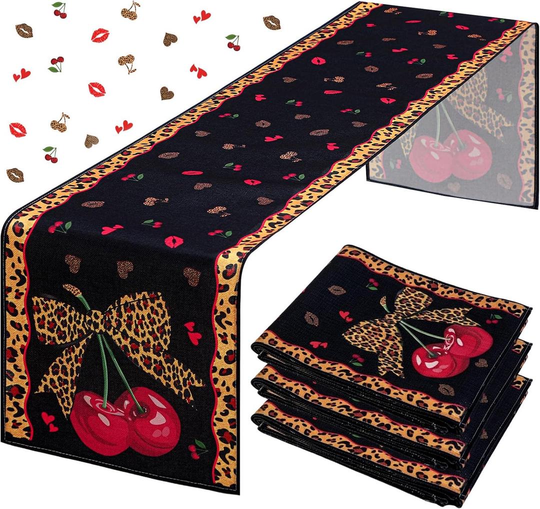 3 Pcs Cheetah and Cherry Linen Table Runner 13" x 72" Red and Black Leopard Print Tablecloth Red Lips Reusable Table Cover for Birthday Baby Shower Bridal Shower Wedding Party Favors
