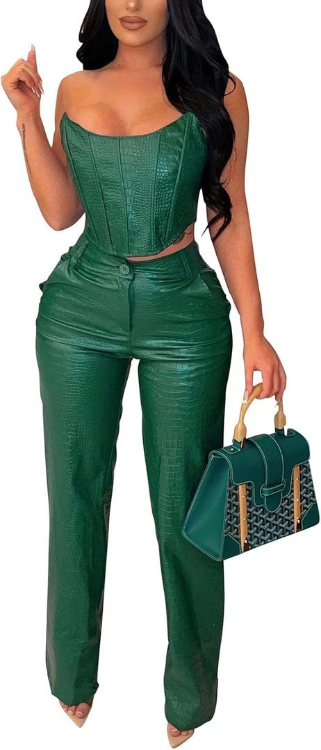 WOKANSE Women's Sexy Chic PU Faux Leather 2 Piece Outfits Tube Crop Tops and Casual Straight Leg Trousers Pants Set (Medium, Green)