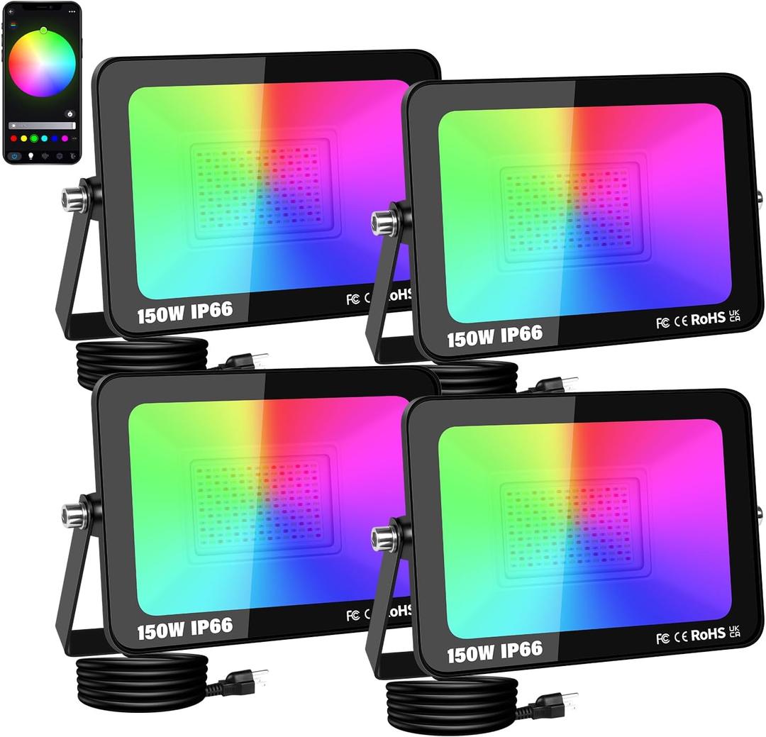 AUXTINGS 150W RGB LED Floodlight,15000LM Smart Flood Lights Outdoor with APP Control, Colour Changing,Timing Scene Lighting for Party Stage Garden Halloween Christmas Decorations,IP66 US Plug,4 Pack