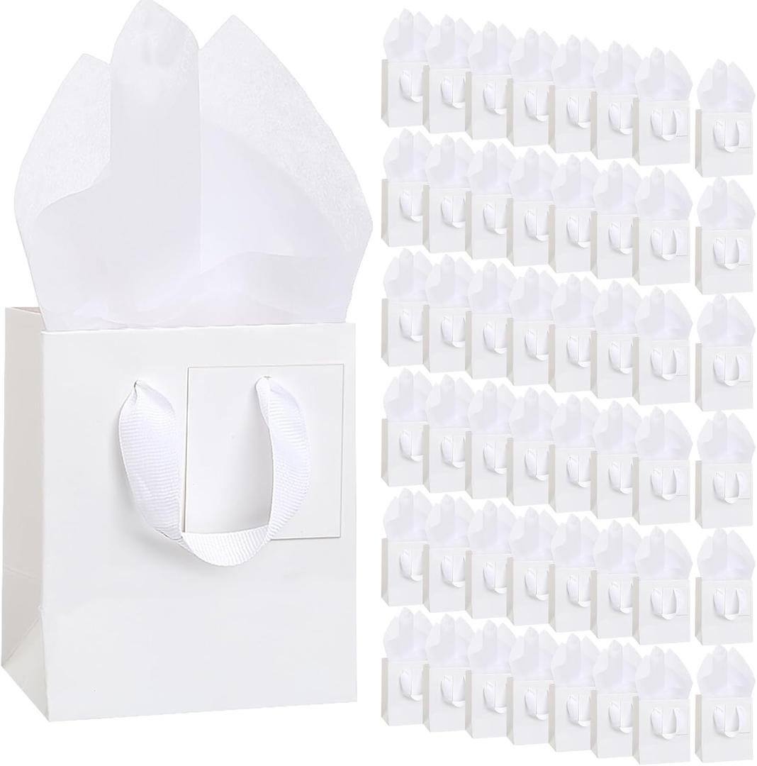 Qilery 50 Pcs Wedding Paper Gift Bags Bulk with Tissue Paper Small Gift Bags with Handle and Tags for Birthday Wedding Mothers' Day Party Business(White,4.7 x 2.4 x 3.9'')