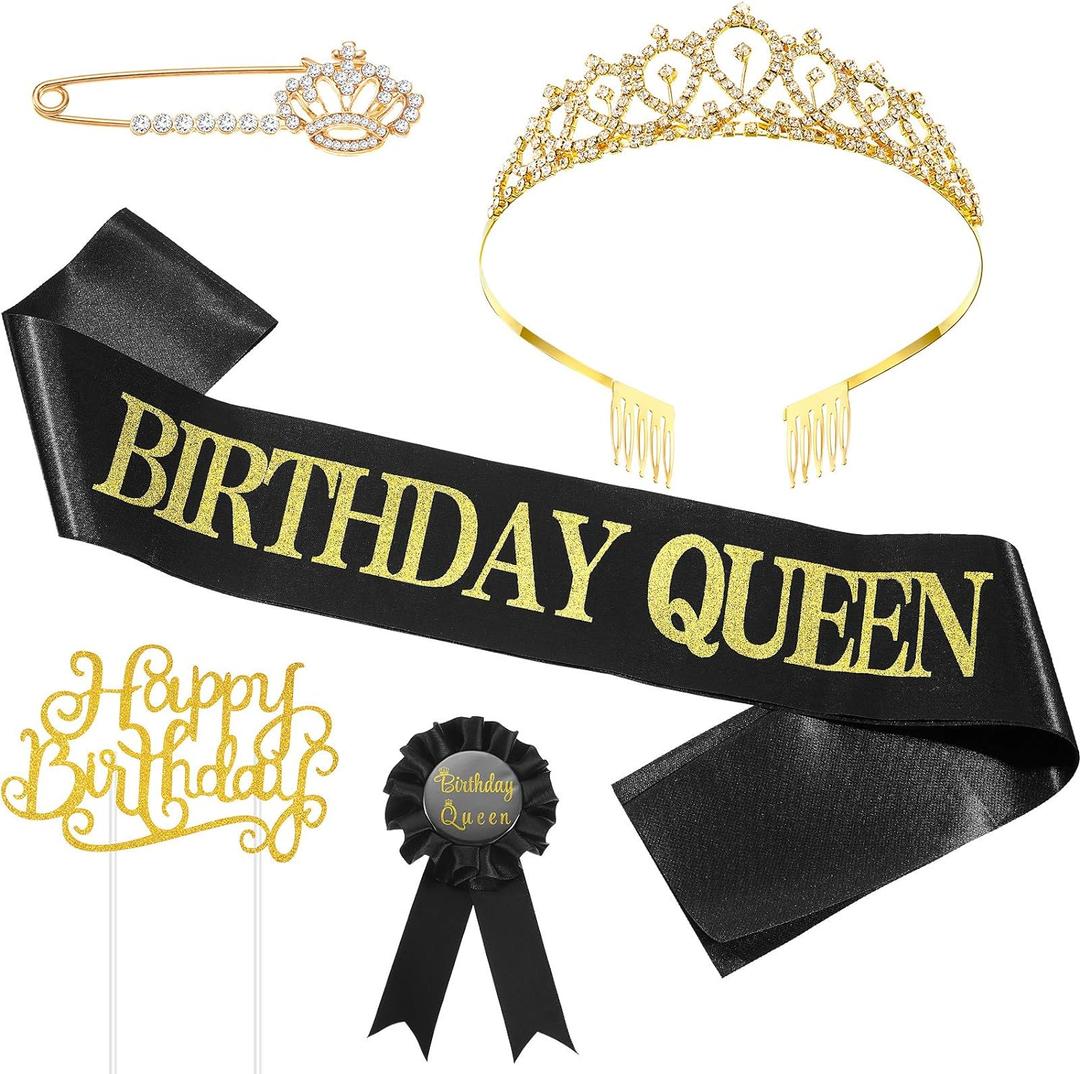 5 Pieces Birthday Accessories, Include Queen Sash, Tiara, Tinplate Badge Pin, Brooch Clip Pin and Happy Birthday Cupcake Topper for Women Party Favors