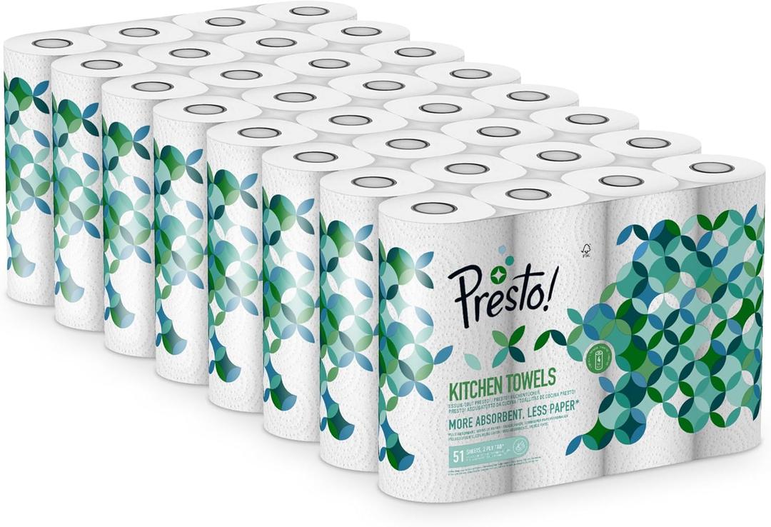 Presto! TAD Kitchen Towel, Extra Absorbent, 32 Rolls (8 Packs of 4), 51 Sheets Per Roll, Spin and Reusable, FSC Certified, White