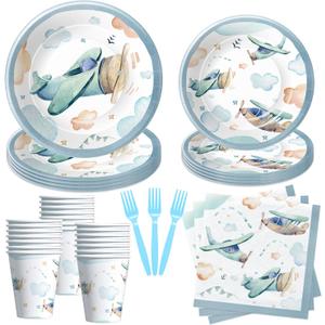 Airplane Birthday Party Supplies - Airplane Decorations Tableware, Paper Plate, Cup, Napkin, Fork, Baby Shower Dinnerware | Serve 24