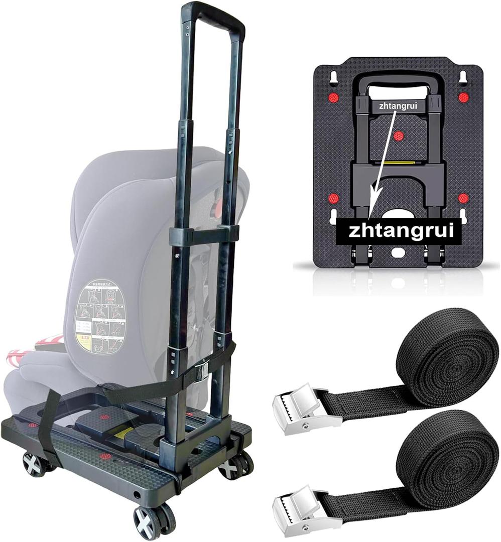 Car Seat Dolly for Airport - CarSeat Roller Cart Wheels for Airplane - Car Seat Travel Cart Carrier with Straps Foldable Luggage Trolley Folding Hand Truck (Black)