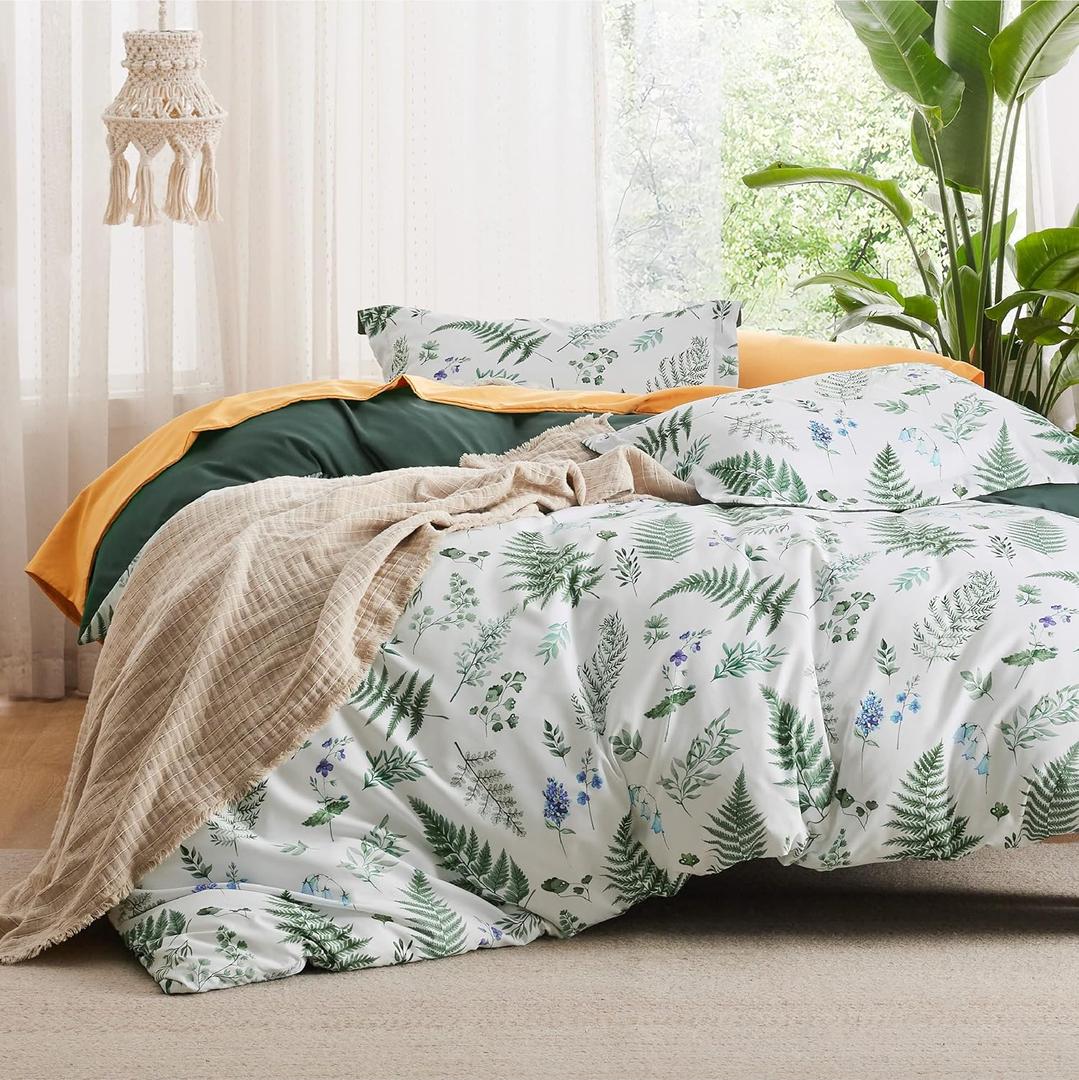 Bedsure Duvet Cover Queen Size - Reversible Plants Duvet Cover Set with Zipper Closure, 3 Pieces Green Bedding Set with 8 Corner Ties and 2 Pillow Shams 20"x26" (05 - Mallard Green (No Comforter))