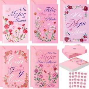 Eaasty 50 Sets Spanish Mother's Day Cards with Stickers and Envelopes Blank Inside Funny 5 Style Greeting Card Design