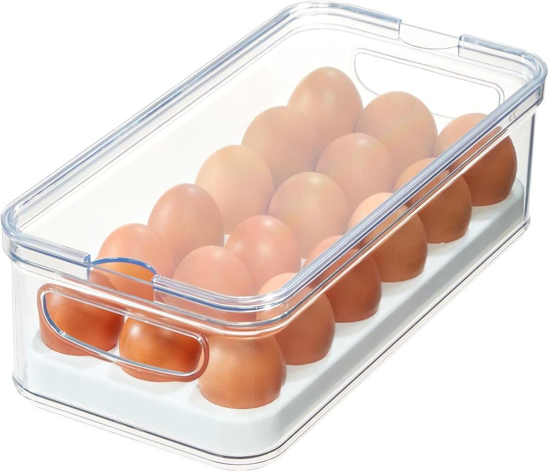iDesign Crisp Plastic Refrigerator and Pantry Egg Bin, Modular Stacking Food Storage Box for Freezer, Fridge, Holds up to 18 Eggs, BPA Free, 12.72" x 6.32" x 3.88", Clear and White