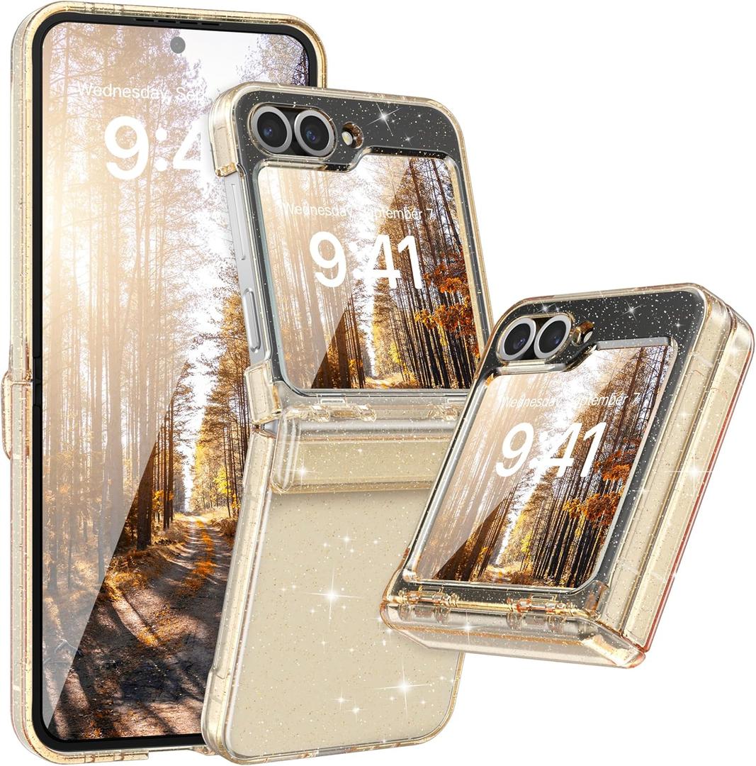 FABSPARK Case for Samsung Galaxy Z Flip 6 Built-in Screen Protector,Hinge Protection,Sparkly Bling Glitter Crystal Clear Transparent Slim Fit Acrylic Hard PC for Samsung Z Flip 6 Case,Glitter Yellow