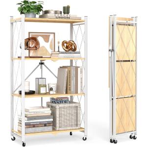 4-Tier Foldable Shelf with Wheels, Wood-Grain Steel Shelves