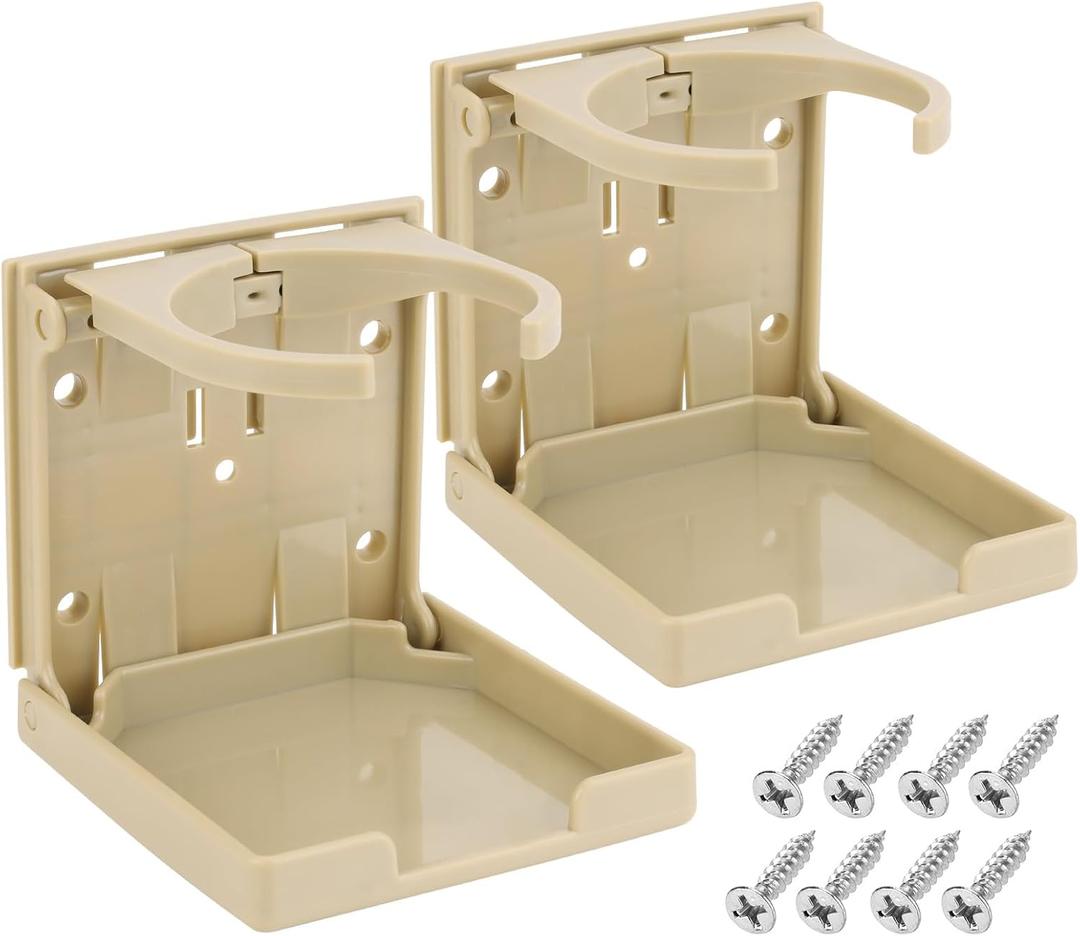 2pcs Adjustable Folding Cup Holder Automotive Water Drink Bottle Holder, fit Most Size Mugs Bottle, with Screws and Tapes, for Car Auto Truck RV Boat Van Camper Caravan Marine Yacht (Beige)