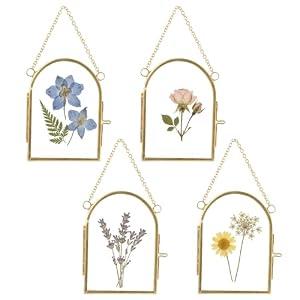 FOCHIER 4Pcs Double Glass Frame for Pressed Flowers Floating Hanging Photo Frame 3x2 in Brass Clear Pressed Flower Decor with Chain for Display Gallery Artwork, Horizontal Vertical, Gold