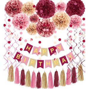 Pink Burgundy Decorations Kit - Tissue Paper Pom Poms, Happy Birthday Banner, Paper Tassel, Circle Garland & Hanging Swirl Party Decoration