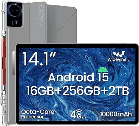 14 Inch Android 15 Tablet, 16GB RAM+256GB ROM, 1920x1200 FHD IPS Display, Widevine L1, 10000mAh Battery, 4G LTE, Wi-Fi & Bluetooth 5.0, Multi-Angle Stand Case & Stylus Pen,6ft Type-C Cable - Gray