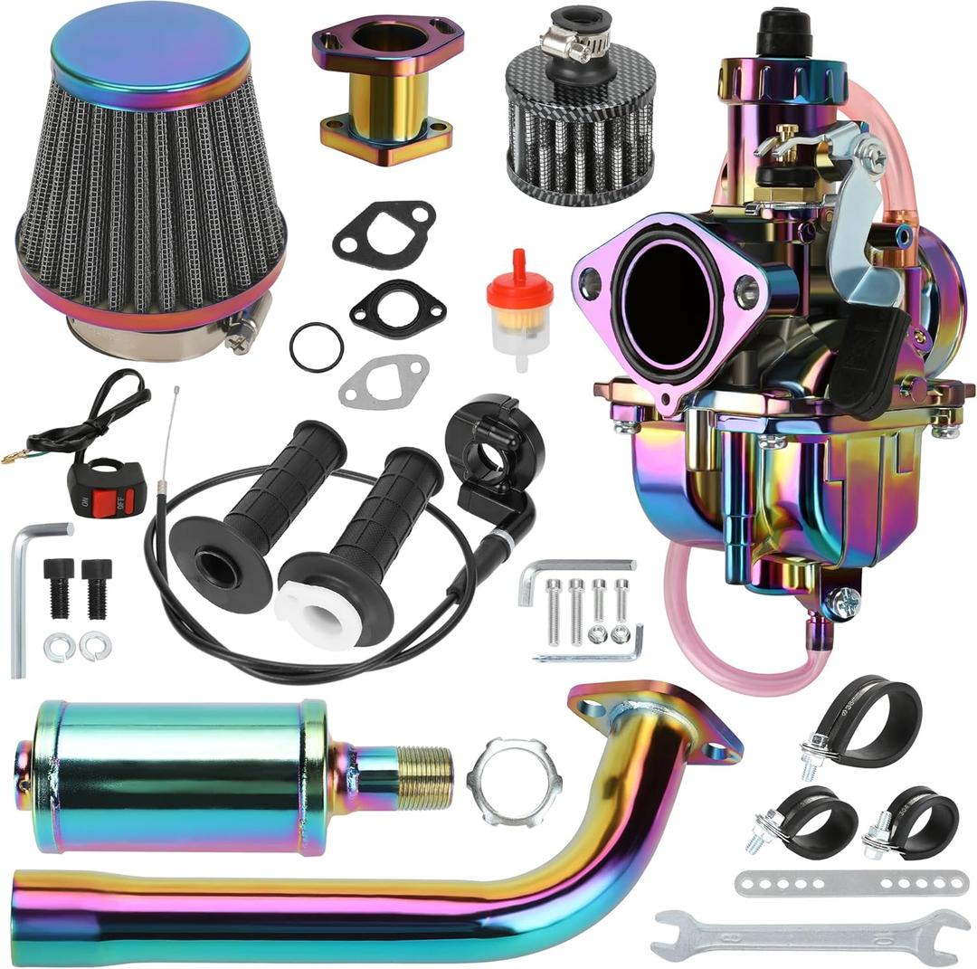 YOXUFA VM22 26mm Carburetor Exhaust Pipe Muffler Stage 2 Kit for Predator 212cc 224cc 196cc Coleman CT200U BT200X Baja MB200 KT196 Go Kart 6.5HP GX160 Engine Parts Mini Bike Throttle Assembly (colour-plated)