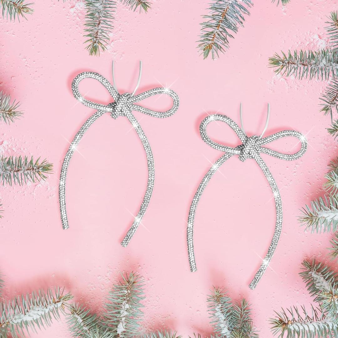 6 Pcs 4.3" x 6" 2025 Christmas Bows for Tree Decor, Silver Sparkly Glitter Rhinestone Bow Ornaments with Twist Tie for Xmas Decoration, Wreath, Garland, Gift Wrapping