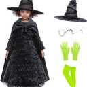 Halloween Girls Witch Dress Black Ruffled Dresses Set with Cape Glasses Gloves Stockings Pointed Hat for Kids (9-11 Years)