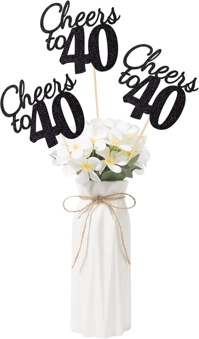 4 x Gexolenu Cheers to 40, 10 Pack Double-Sided Black Glitter 40th Birthday Centerpieces for Tables, 40th Birthday Table Toppers Party Centerpiece Sticks Party Supplies