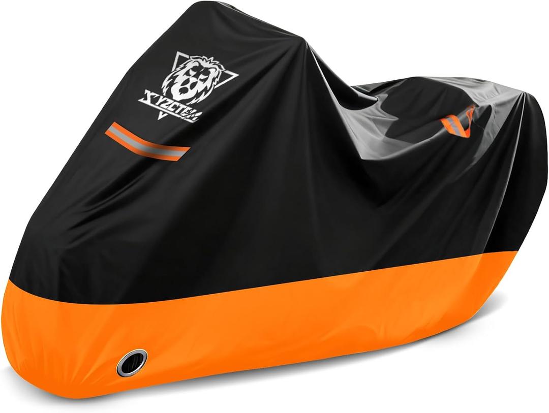 XYZCTEM Motorcycle Cover Waterproof Outdoor All Season Protection Motorcycle Storage Night Reflective Handles with Lock-Holes Storage Bag Fits up to 116" Motorcycle Vehicle Covers, Black&Orange
