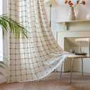 Deeprove Boho Curtains 84 Inches Long for Bedroom, Cotton Linen Plaids Turquoise Embroidery Semi Blackout Bohemian Farmhouse Window Treatment Grids Drape Tassels, 1 Panel W52 x L84 Beige