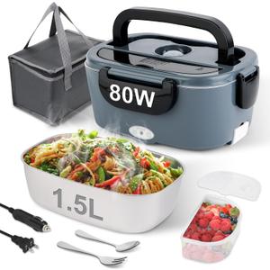 Electric Lunch Box, 80W Heated Lunch Box for Adults, 1.5L Portable Fast Heating Food Warmer for Car/Truck/Work/Travel, 12/24/110V Lonchera Elctrica Porttil