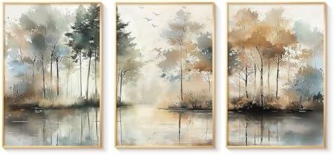 Bzstyleart 3 piece Abstract Wall Art Artwork Retro Trees Pictures Decor Canvas Painting Framed Ready to Hang Living Room Bedroom and Office Wall Decor 16x24 Inch