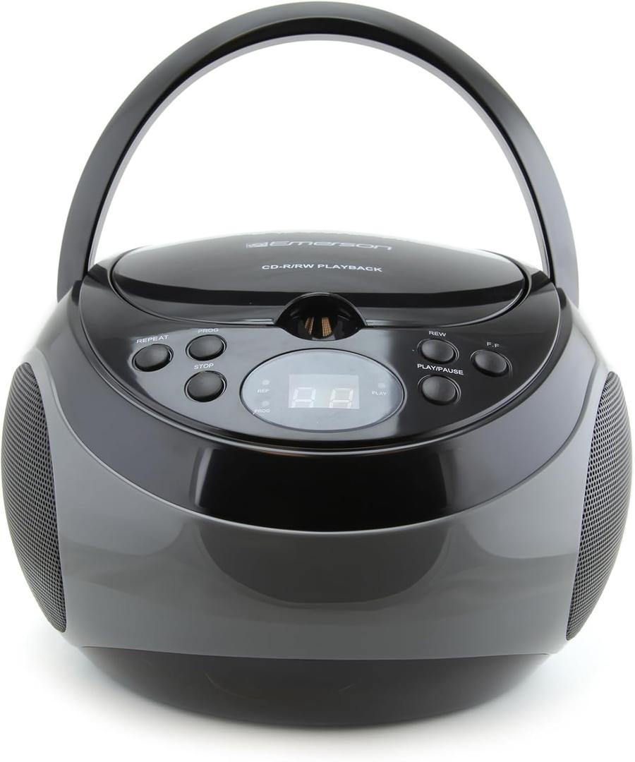 Emerson EPB-3000 Portable CD Player with AM/FM Radio, Programmable Memory, Dual Stereo Speakers, 3.5mm AUX Input, and Two-Way Power for Home or On-The-Go Entertainment  Ideal for Music Lovers (Black)