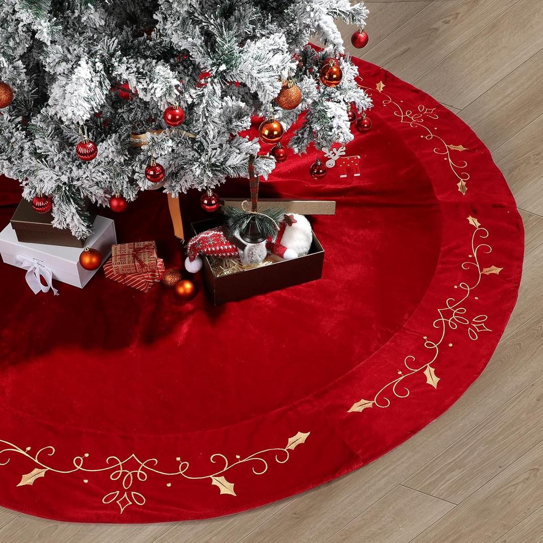 48inch Christmas Tree Skirt Red Luxury Velvet Plush Fur Skirts with Gold Embroidery Xmas Velvet Tree Skirt Holly Leaves Gold Embroidered Tree Skirt for Christmas Holiday Party Decorations