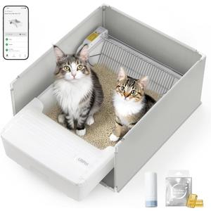 Open Top Automatic Litter Box, Self Cleaning Cat Litter Box with APP Control and Safety Sensor, Dual Rake, Odor Control, Large Capacity for Multiple Cats (White)