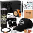 Patelai 9 Pcs Step Dad Father's Day Best Dad Ever Gift Set Includes 20 oz Tumbler with Lid Socks Baseball Cap Tape Measure Bracelet Acrylic Medal Pocket Hug Token Pen Gift Box for Men Birthday