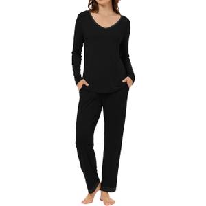 LUBOT 2026 Bamboo Viscose Pajamas Women Sets Pjs Soft Breathable 2 Piece V Neck Short/Long Sleeve Pants Sleepwear S-4XL (Black, S)