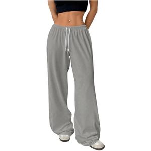 RoseSeek Women's Drawstring Elastic Waist Active Jogger Wide Leg Pants (Gray, L)