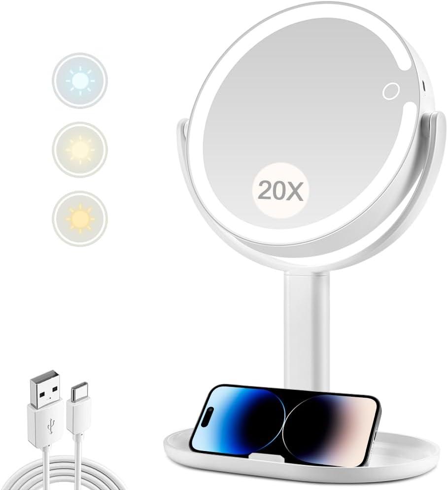Makeup Mirror with Lights,20X Magnifying Mirror with Light and Touch Switch,Vanity Mirror with 3 Color Light and 80 LEDs,2-Sided Lighted Magnified Mirror 8.8 Inches (White)