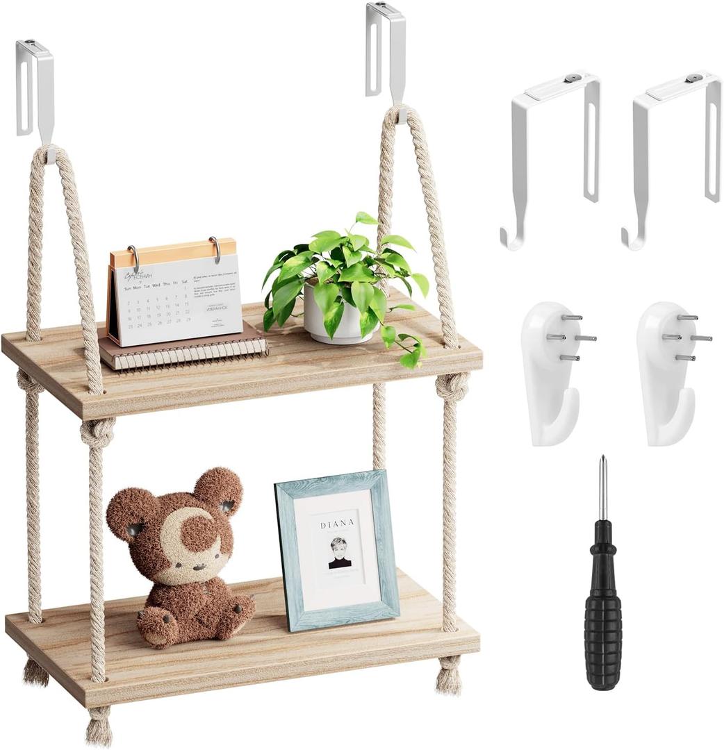 2 Tier Cubicle Shelf for Walls, 11.8" Wooden Hanging Wall Shelf with Hooks & Cotton Rope, Boho Style Office Cubicle Accessories for Work, Desk Wall Storage Organizer for Office Decor