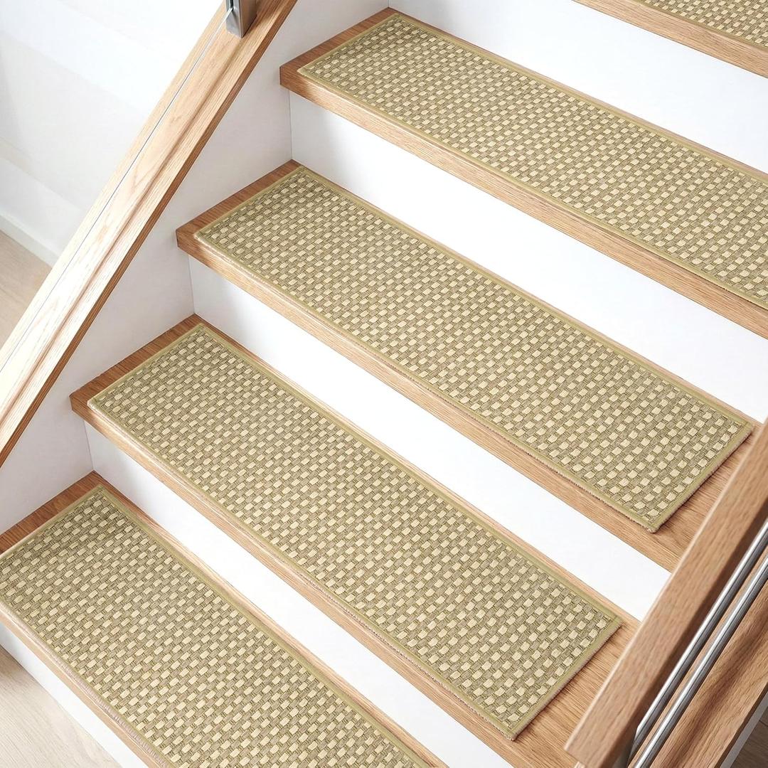 WELINHOME Chenille Stair Treads for Wooden Steps 8"x30" (15 Pack), Ultra Soft NonSlip Carpet Stair Runners Indoor, Peel and Stick SelfAdhesive Step Rugs for Kids & Dogs, Machine Washable, Beige