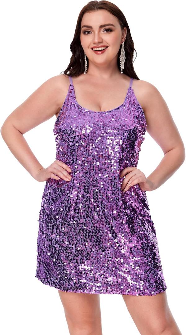 Women's Sparkly Sequin Dress Spaghetti Strap Glitter Party Cocktail Clubwear Sexy Mini Dresses Purple, XXL