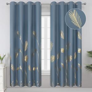 Estelar Textiler Stone Blue Blackout Curtains for Bedroom,Room Darkening Gold Palm Tree Pattern Curtains 72 Inches Long,Light Blocking Thermal Insulated Window Drapes for Living Room,52Wx72L,2 Panels