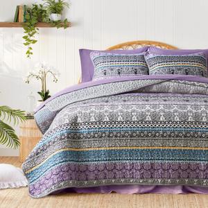 3 Pieces Colorful Bohemian Quilt Set King Size, Purple n Grey Boho Striped Printed Bedding Bedspread Coverlet Set for Summer, Soft Lightweight Microfiber Quilt with 2 Shams (King (102" x 88"))