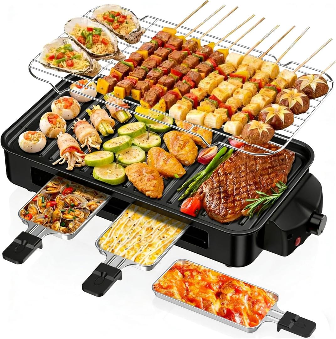 Electric Indoor Grill 1700W, 2 in 1 Smokeless Indoor Grill for Kitchen with Non-stick Removable Grill & Griddle Plate,Temperature Control Korean BBQ Grill with 3 Cheese Pans Dishwasher Safe (Black)