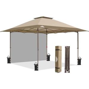 EAGLE PEAK 13x13 Pop up Canopy Tent w/One Wall, Instant Canopy Easy Set up Folding Shelter w/One Privacy Curtain, 169 Square Feet Sun Shade, Beige