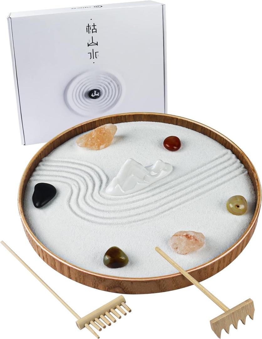 Japanese Zen Garden for Desk - Static Mountain 10" x 10" Desktop Mini Zen Garden with White Sand Artificial Tree Rocks Rakes & Accessories - Meditation Zen Gifts Sand Garden Kit for Office Zen Decor